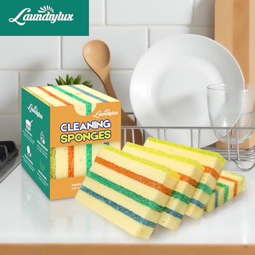 LAUNDRYLUX 4 Pack Scrub Sponge - Temperature-Responsive - 50% More Power & Rinses Cleaner Cleaning Sponges, Multipurpose Dish Sponges for Kitchens, Bathrooms, and Outdoor Use - Patent Pending - style: Multi-Layer