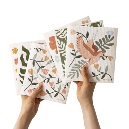 RECYCO Swedish Dishcloths for Kitchen | 6 Pack Birdsong and Blooms Washable Dish Rags | Cellulose Reusable Cleaning Paper Towels | Absorbent Counter Dish Cloth Sponge Kitchen Wipes, 8" L x 7" W - color: Birdsong and Blooms - 6 Pack