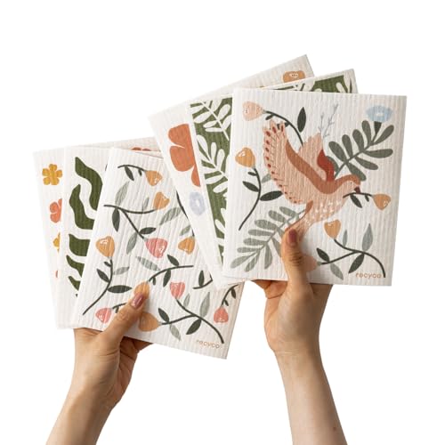 RECYCO Swedish Dishcloths for Kitchen | 6 Pack Birdsong and Blooms Washable Dish Rags | Cellulose Reusable Cleaning Paper Towels | Absorbent Counter Dish Cloth Sponge Kitchen Wipes, 8" L x 7" W - color: Birdsong and Blooms - 6 Pack