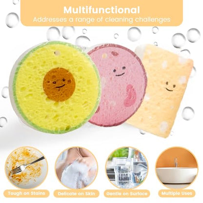 Cellulose Compressed Eco-Sponge 5 Pack- Avocado Sandwich Set |Standard Size| Plastic-Free & Made of All-Natural Wood Pulp | Showering, Dishwashing & Cleaning for Household, Kitchen & Bathroom