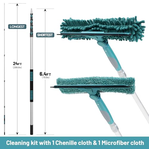 TelesPro 30 Feet High Reach Window Squeegee with 6-24 Ft Extension Pole, Window Cleaner Tool with 5-Stage Telescoping Pole, Window Cleaning Kit with Rotatable Head (2 Squeegee & 2 Microfibre Cloths) - size: 24 FT