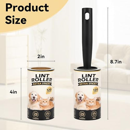 Extra Sticky Lint Rollers for Pet Hair Removal, 3.9 Inch Rolls Size 8 Rollers 960 Sheets (120 Sheets/Roll), Pet Hair Lint Roller for Clothes Furniture Carpets Dog Cat Fur - size: 3 Handles + 5 Refills + 960 Sheets