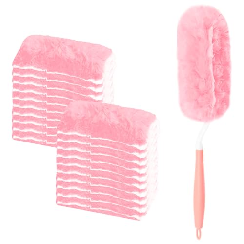 Pink Duster Refill for Swiffer Duster, 20 Count Heavy Duty Duster Refills Kit with 1 Handle for Cleaning Dusting Furniture Blind Ceiling Fan, 360 Disposable Duster Refills Feather Duster - color: 20 Count & 1 Handle (Pink)