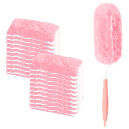 Pink Duster Refill for Swiffer Duster, 20 Count Heavy Duty Duster Refills Kit with 1 Handle for Cleaning Dusting Furniture Blind Ceiling Fan, 360 Disposable Duster Refills Feather Duster - color: 20 Count & 1 Handle (Pink)