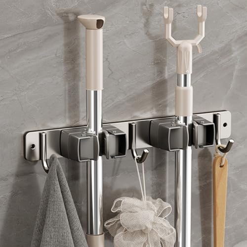 Wall-Mounted Broom Holder Stainless Steel Mop Storage Rack Laundry Room Storage Solution Suitable for Kitchens, Gardens,Garages (Option C: 2 clips with 3 hooks) - color: Option C: 2 clips with 3 hooks