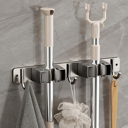 Wall-Mounted Broom Holder Stainless Steel Mop Storage Rack Laundry Room Storage Solution Suitable for Kitchens, Gardens,Garages (Option C: 2 clips with 3 hooks) - color: Option C: 2 clips with 3 hooks