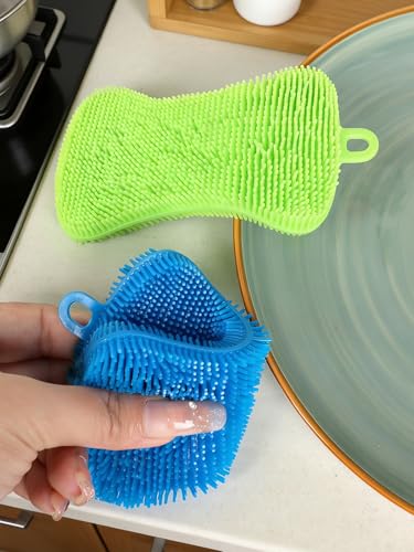 3 Pcs Silicone Dish Scrubber, Multi-Purpose Sponge Dish Brushes, Reusable Sponge Brush for Kitchen Dishes Washing and Cleaning, Dry Fast