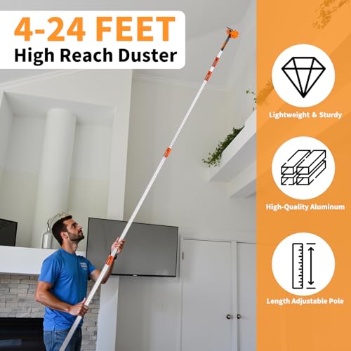 Cobweb Duster with Extension Pole, 4-24ft, Window Cleaning Kit, Include Window Squeegee with Cleaner, Microfiber Feather Duster, Spider Web Brush, Reusable & Replaceable, High Ceiling Dusters, Orange - color: Orange-24ft