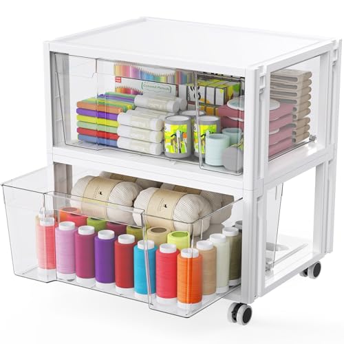 Extra Large Storage Drawer Cart with Wheels, Stackable Storage Boxes 2 Tier-2 Drawer Clear Plastic Organizer Container Rolling Cabinet for Art Crafts Supplies Under Desk Home Office Bedroom Bathroom