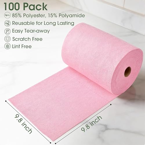 Microfiber Cleaning Cloth Roll - 100 Pack Tear Away Microfiber Paper Towels, Reusable, Washable, Scratch-Free, Kitchen Towels for Car, Home, Kitchen, Glass, Dishes(Pink) - color: Pink