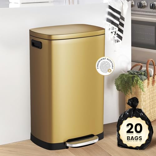 ELPHECO Kitchen Trash Can with Lid Soft Close, 13 Gallon / 50L Stainless Steel Pedal Garbage Can, Heavy-Duty Step Wastebasket with 20 Bags, Removable Bucket, Home Office, Kitchen, Titanium Gold - color: Titanium Gold