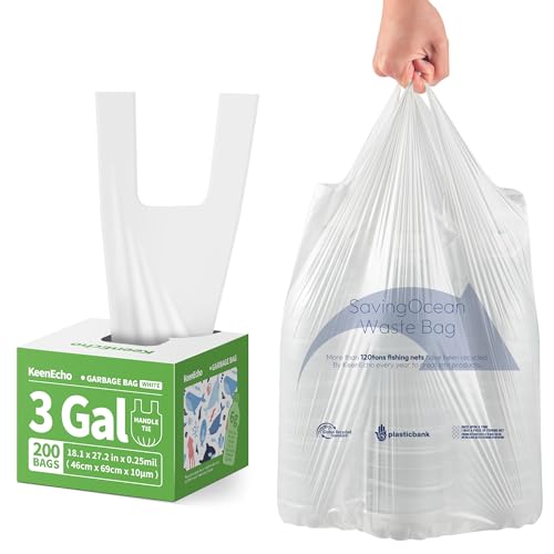Small Trash Bags with Handles - Ocean Plastic Upcycling - Plastic Garbage Bags, Can Bin & Waste Basket Liner for Kitchen, Bathroom, Office and Pets,3 Gallon 200 Count White - color: 3Gal White, size: 1 DISPENSER BOX