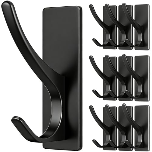 pickpiff 10 Pack Matt Black Self Adhesive Coat Hooks for Hanging: 13LB Extra Strong Stainless Wall Hook for Towel, Utensil, Backpack, Hat, Sturdy Metal Hanger for Bathroom, Kitchen, Door - color: Black, size: 10 Pack