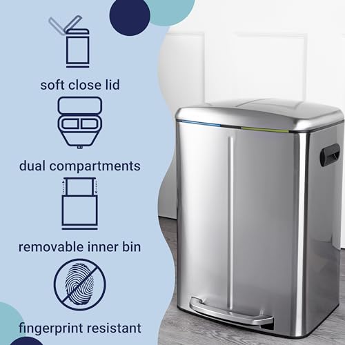 happimess HPM1005A Marco Rectangular 10.6-Gallon Double Bucket Trash Can with Soft-Close Lid, Stainless Steel, Fingerprint Resistant, Modern, Minimalistic for Home, Kitchen, Office, Bedroom, Bathroom - color: Stainless Steel
