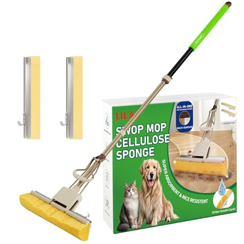 LILAC Cellulose Sponge Mop with 2 Replacement Heads, 4-Color Handle Choices for Zoned Cleaning, Super Absorbent Pop Up Roller Mop for Hardwood,Laminate Floors, Heavy Duty Floor Scrubber (Green) - color: Green