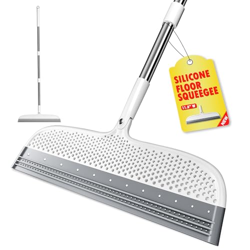 Silicone Floor Squeegee, 180° Rotating Air Broom, Squeegee for Floor with a Long Handle, Magic Broom for Water and Pet Hair Removal on Bathroom Floors, Tile, Deck and Glass, Indoor Cleaning Tool - size: 11.8" | Soft TPR Silicone with Raised Dots