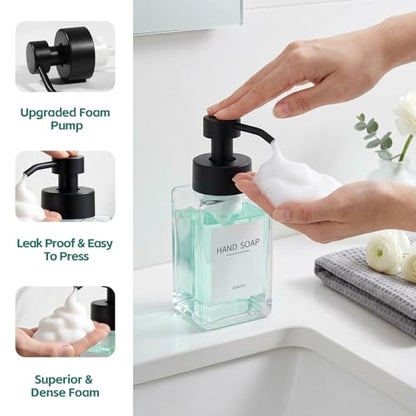 Foaming Soap Dispenser, 12oz/350ml Glass Foaming Hand Soap Dispenser Set, 2Pcs Refillable Foam Soap Dispenser With Foaming Pump, Labels, Square Foam Soap Hand Dispenser For Bathroom, Kitchen - color: Clear