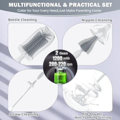 IvyWind Electric Travel Baby Bottle Brush Set with Storage Box, Automatic Bottle Cleaner Brush Kit with Silicone Bottle/Nipple/Straw Brush, Milk Frother Electric and Drainage Rack, Rechargeable, Gray - color: Gray