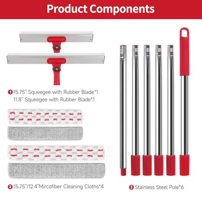 86.6" Window Squeegee for Home, Squeegee for Window Cleaning Kit with 6-Section Adjustable Long Handle, 16" & 12" Glass Scraper Squeegee for Shower Glass Doors & Windshield, Includes 4 Microfiber Pads - style: Window Cleaning Kit-2 Blade