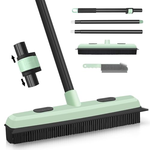 Upgraded Rubber Broom Pet Hair Remover with Squeegee Carpet Rake Fur Sweeper Small Detailing Lint Brush to Fluff Carpet Rug Tile Hardwood Floor