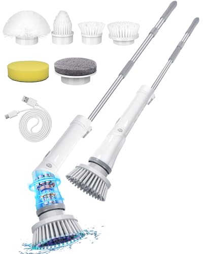 Electric Spin Scrubber Cordless,Power Scrubber Shower Cleaning Brush 400rpm,Bathroom Scrubber with 6 Replaceable Drill Brush Head, Adjustable Long Handle IPX6 for Clean Tile Tub Grout Toilet Car