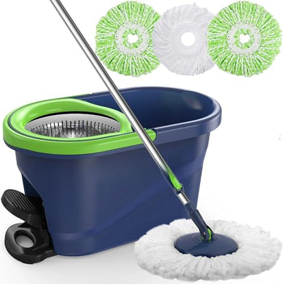 Spin Mop and Bucket with Wringer Set, 360° Rotating Microfiber Mop, Adjustable Handle, Hands-Free Wringing, Reusable Mop Heads (Green mop and Bucket + 3 mop Head) - color: Green Mop and Bucket + 3 Mop Head