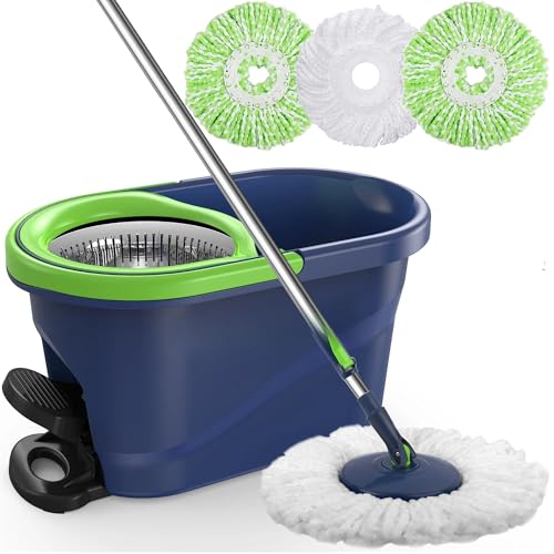 Spin Mop and Bucket with Wringer Set, 360° Rotating Microfiber Mop, Adjustable Handle, Hands-Free Wringing, Reusable Mop Heads (Green mop and Bucket + 3 mop Head) - color: Green Mop and Bucket + 3 Mop Head
