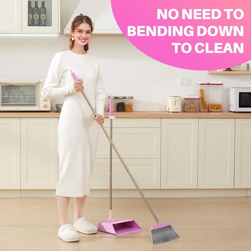 JOYMOOP Pink Broom and Dustpan Set, Upright Angle with Built-in Comb Teeth for Kitchen, Lobby, Pet Hair and Hard Floors - color: Lavender Pink & Sakura Pink