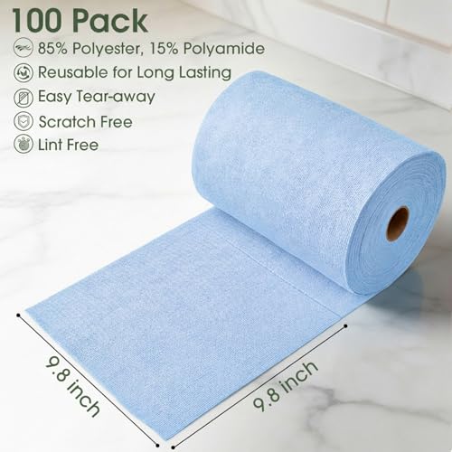 Microfiber Cleaning Cloth Roll - 100 Pack Tear Away Microfiber Paper Towels, Reusable, Washable, Scratch-Free, Kitchen Towels for Car, Home, Kitchen, Glass, Dishes (Blue) - color: Blue