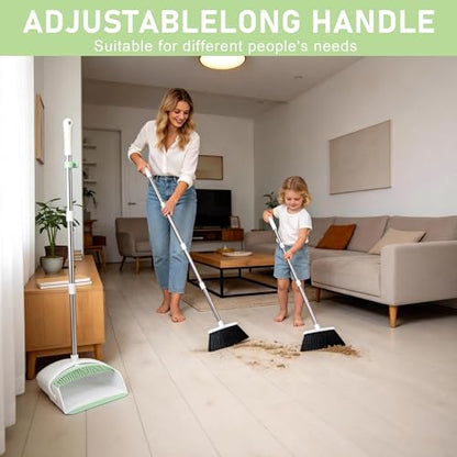 Broom with Dustpan Combo Set for Home, 52-in Long Adjustable Handle Angle Broom and Dustpan Set with Dustpan Comb Teeth for Sweeping Pet Hair Food Dirt Kitchen (White-Green) - color: White-green