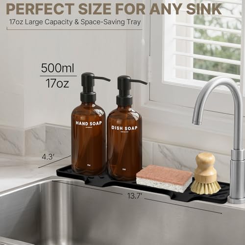 Kitchen Soap Dispenser Set - Dish Soap Dispenser for Kitchen with Self Drain Tray, 17oz Glass Bottle, Stainless Steel Pump, Sponge, and Dish Brush- Amber - color: Amber Bottle + Black Pump