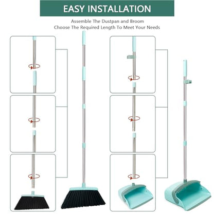 Broom and Dustpan Set, Dustpans with Broom Combo for Home, Heavy Dust Broom and Dustpan Combo, Long Handle Dust Pan and Broom Set for Kitchen, Office, Pet Hair,Green, Pack of 1 - color: Green