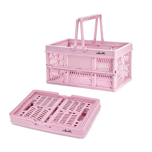Pink Plastic Baskets with handles,2-pack Collapsible crates for storage,14.96"x9.84"x7.87" foldable shopping basket ,foldable crate with Handles for car Classroom Kitchen Bathroom Medicine Milk - color: 2*Pink, size: 14.96"x9.84"x7.87"