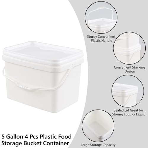 5 Gallon Rectangular White Food Grade Bucket with Handle, Set of 4 | Reusable White Plastic Bucket Set, Plastic Handles, Easy Stack and Store, for Camping, Fishing, Home Organization - size: 5 gallon, style: Rectangular