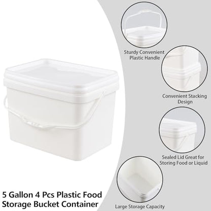 5 Gallon Rectangular White Food Grade Bucket with Handle, Set of 4 | Reusable White Plastic Bucket Set, Plastic Handles, Easy Stack and Store, for Camping, Fishing, Home Organization - size: 5 gallon, style: Rectangular