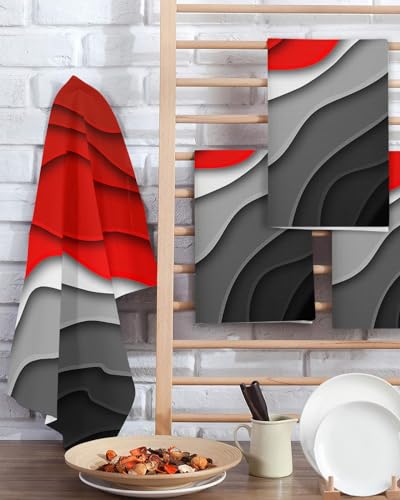 Abstract Red Hand Towels Set,Waffle Weave Kitchen Towels 2 Pieces,Microfiber Hair Face Bath Tea Towel Absorbent Quick Drying Cleaning Dish Cloths,Modern Geometric Ombre Grey White Art 15.7"x23.6" - color: Red, size: 2PCS,15.7"x23.6"