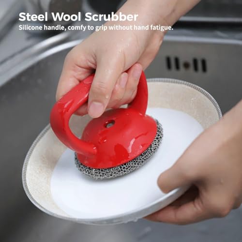 Scrubber Brush with Stainless Steel and Handle: Nonslip Palm Cleaner for Dishes and Surfaces