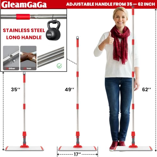 Aluminum Alloy Flat Mop System for Floor Cleaning, 62" Stainless Steel Handle, 4 Reusable Machine Washable Mop Pads for Wet & Dry Mopping on Hardwood, Laminate, Vinyl & Tile Floors