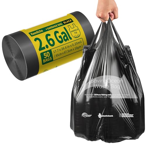 Small Trash Bags with Handles - Ocean Plastic Upcycling - Plastic Garbage Bags, Can Bin & Waste Basket Liner for Kitchen, Bathroom, Office and Pets,2.6 Gallon 50 Count Black - color: 2.6Gal Black, size: 1 ROLL