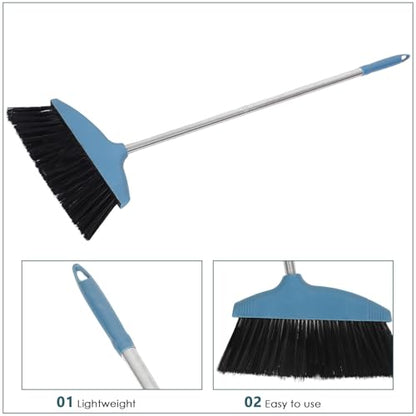 INOOMP Soft Bristle Broom Long Stainless Steel Handle Wide Angle Floor Sweeping Broom Home and Kitchen Cleaning Blue