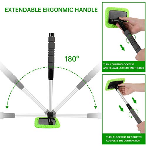 XINDELL Windshield Cleaner Tool – Car Window Cleaning Tool Extendable Handle for Easy Cleaning, 9pcs Reusable Microfiber Pads, Streak-Free Interior & Exterior Auto Glass Cleaner (Green) - size: 17in