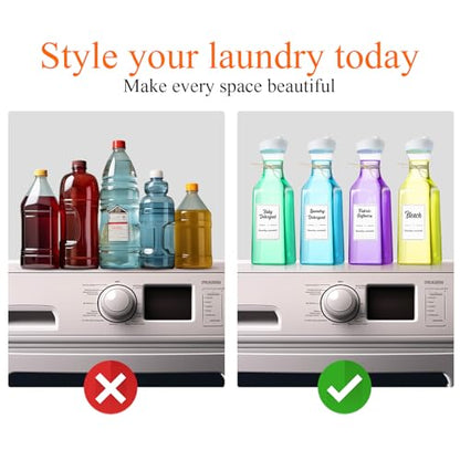 Hushee 4 Pcs Laundry Detergent Dispenser Bottle 51oz with Measure Cup Labels for Laundry Detergent Soap Fabric Softener Bleach Scent Booster Beads Bottle for Laundry Room Decor