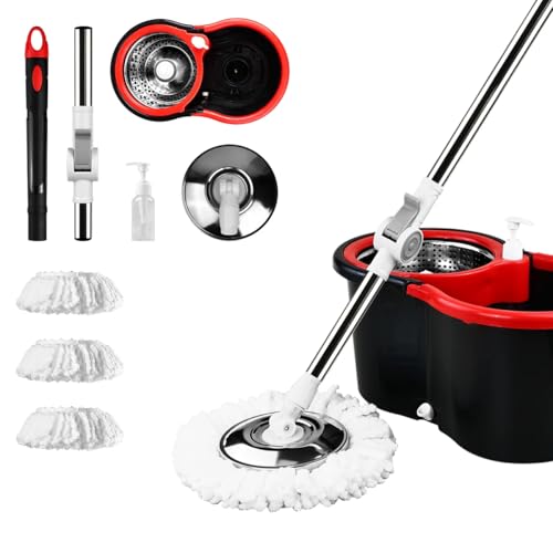 Spin Mop and Bucket with Wringer Set, 360 Spinning Mop Bucket System with 3 Microfiber Mop Replacement Heads and 61" Stainless Steel Adjustable Handle for Floor Cleaning (20QT)