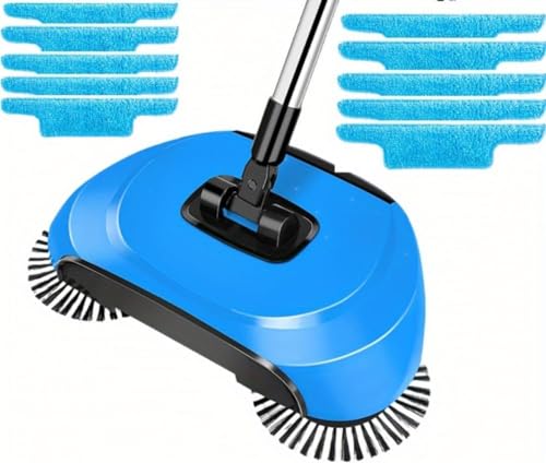 Manual Carpet Sweeper - 3-in-1 Hand Push Floor Cleaner with 360° Rotating Mop, Dustpan & Trash Bin for Hardwood and Ceramic Tile Cleaning - color: Blue