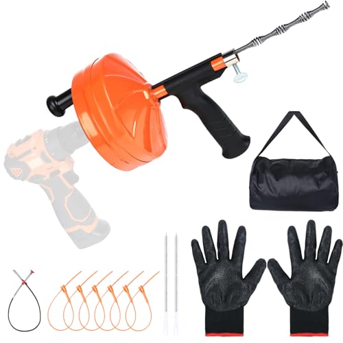 50 Ft Drain Auger,Use Manually or Drill Powered 50 Foot Drain Snake,Heavy Duty Flexible Plumbing Snake,With Gloves and Storage Bag for Kitchen Sink, Shower Drain (50FT, Orange) - color: Orange-50FT