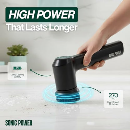 SonicPower Electric Spin Scrubber – Handheld & Ergonomic, IPX7 Waterproof, 4 Multi-Purpose Brush Heads, Long-Lasting Rechargeable Battery – Cleans Dishes, Bathroom, Tile, Grout & Kitchen (Black) - color: Black