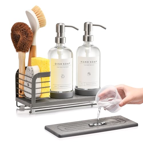 Kitchen Soap Dispenser Set with Drying Tray – 16oz Glass Bottles with Stainless Steel Pumps, Sink Organizer Caddy with Brush Holder & Non-Slip Feet – All-in-One Dish & Hand Soap Station - color: Grey Sink Caddy + Clear Bottle + Silver Pump