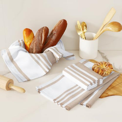 Homaxy Premium Kitchen Towels 18”x 28”, Large Cotton 380 GSM Kitchen Hand Towels, Stripe and Terry Dish Towel, Highly Absorbent Tea Towel Set with Hanging Loop, 3 Pack, Khaki - color: Khaki Stripe, style: 3-pack