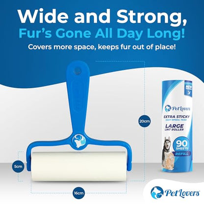 PetLovers 6.3" Large Lint Roller for Pet Hair Extra Sticky 360 Sheets, Ideal for Pet Hair Removal from Furniture & Clothes, Dog and Cat Lint Remover 4 Pack - size: 4 Pack Large Lint Roller