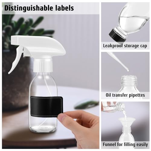 Tecohouse Glass Spray Bottles 4 OZ, Empty Small Spray Bottles 2 Pack for Essential Oils, Cleaning Solutions, Plants, Hair Mister, withDurable Nozzle, Labels, Funnel, Pipettes Clear - color: Clear White Lids